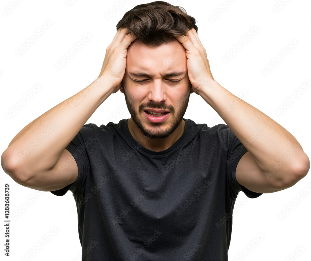 Young man suffering from an intense headache, holding head in pain, looking miserable and exhausted. Concept of stress and discomfort, PNG format Young man suffering from an intense headache, holding head in pain, looking miserable and exhausted. Concept of stress and discomfort, PNG format