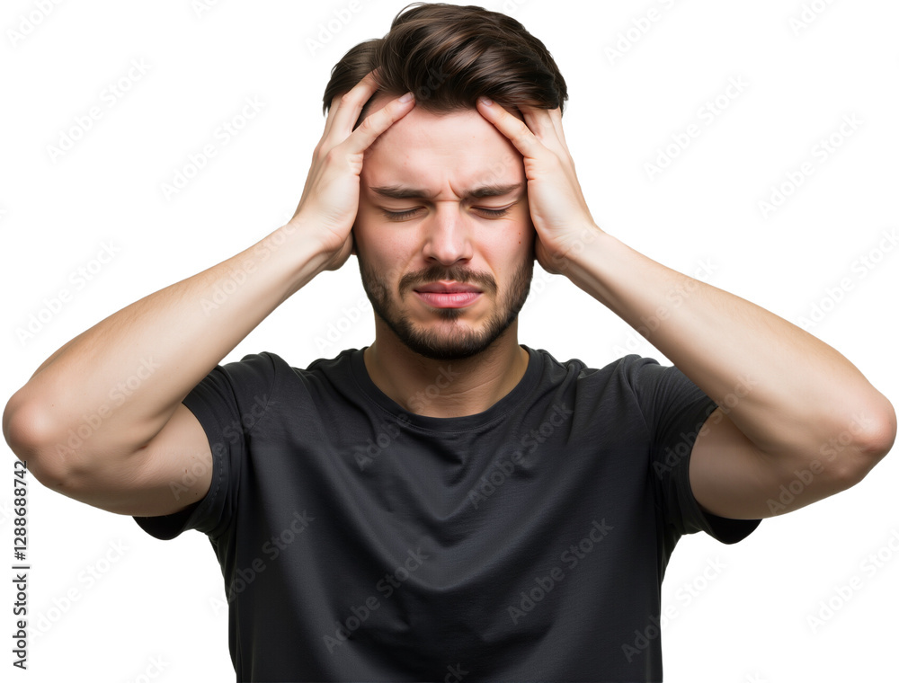 Young man suffering from an intense headache, holding head in pain, looking miserable and exhausted. Concept of stress and discomfort, PNG format Young man suffering from an intense headache, holding head in pain, looking miserable and exhausted. Concept of stress and discomfort, PNG format