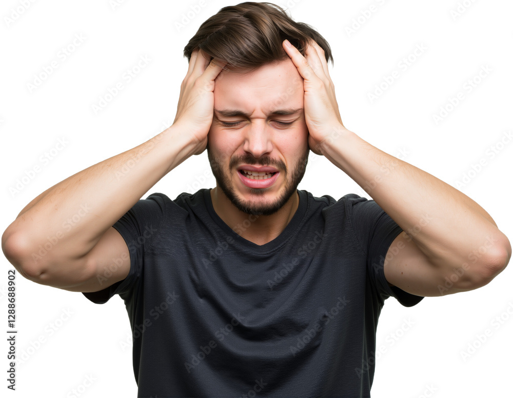 Young man suffering from an intense headache, holding head in pain, looking miserable and exhausted. Concept of stress and discomfort, PNG format Young man suffering from an intense headache, holding head in pain, looking miserable and exhausted. Concept of stress and discomfort, PNG format