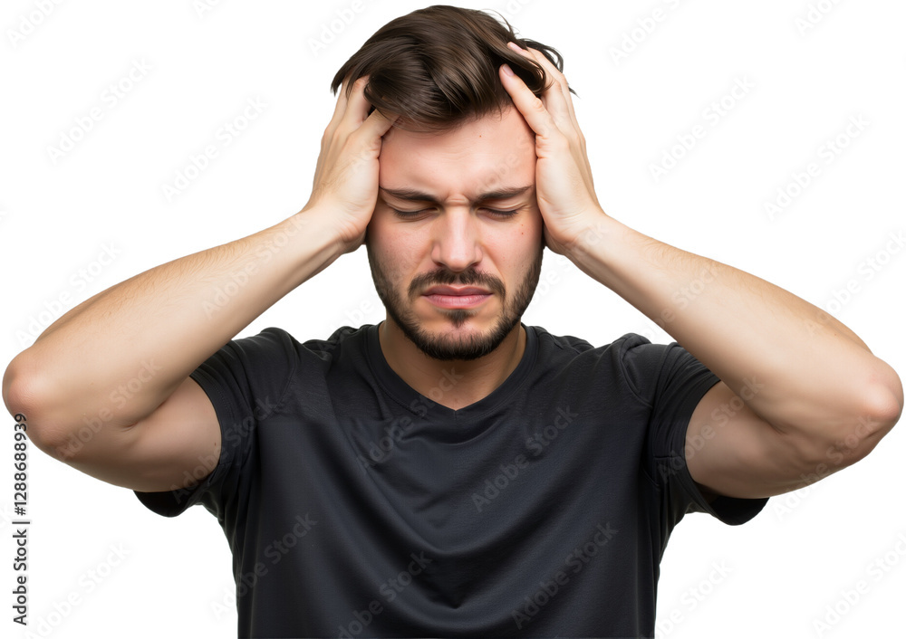 Fototapeta premium Young man suffering from an intense headache, holding head in pain, looking miserable and exhausted. Concept of stress and discomfort, PNG format