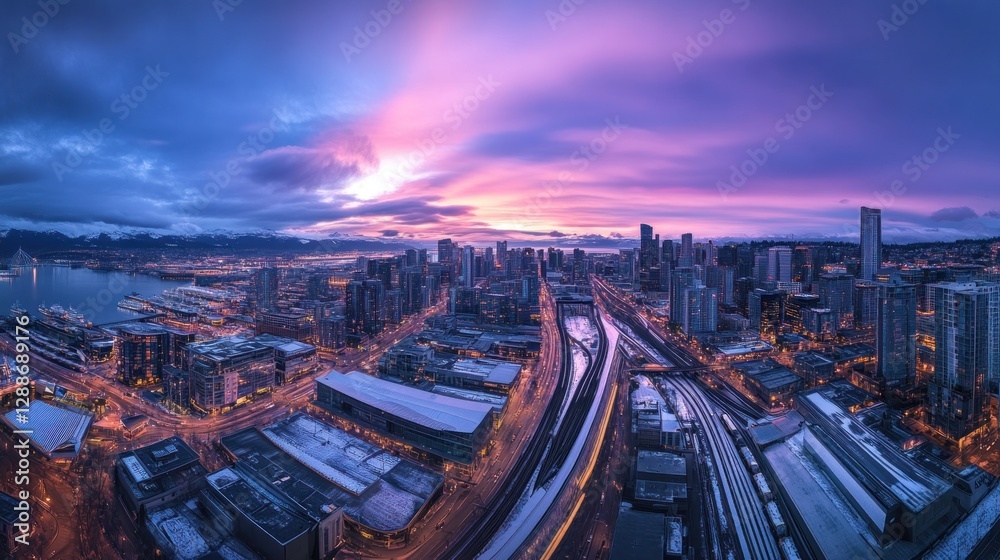Fototapeta premium Cityscape dawn panorama harbor, railway, buildings, sunrise, winter