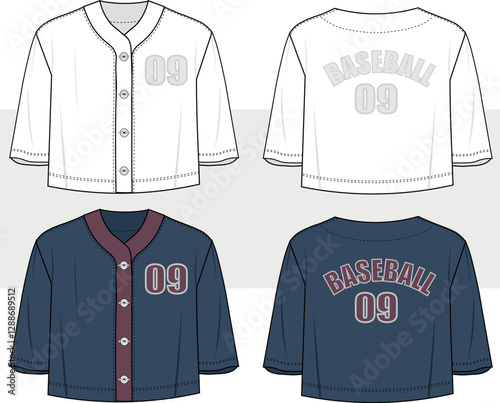 Women's unisex short sleeve Baseball jersey look T Shirt cropped, with print. Front and Back View. Fashion Illustration, Vector, CAD, Technical Drawing, Flat Drawing, Template, Mockup.