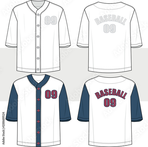 Men's boy's short sleeve Baseball jersey look T Shirt, with print. Front and Back View. Fashion Illustration, Vector, CAD, Technical Drawing, Flat Drawing, Template, Mockup.