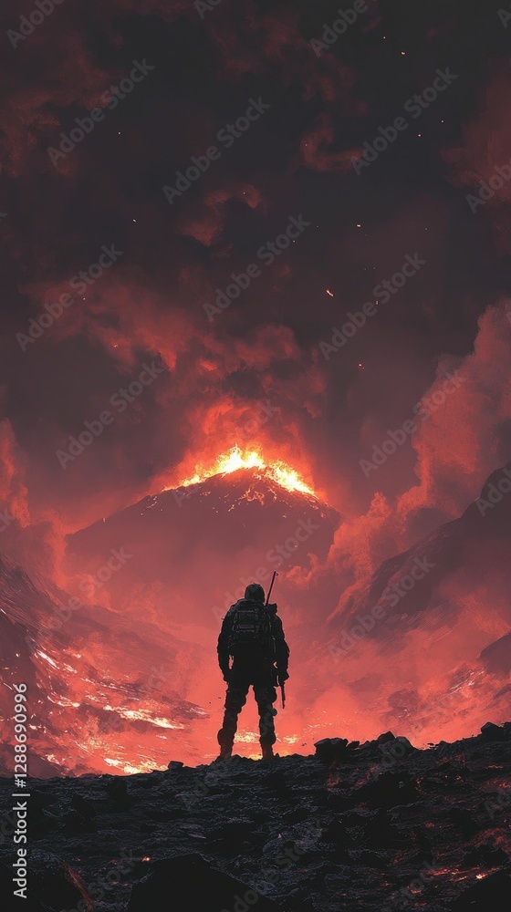 Fototapeta premium Silhouetted figure observes fiery volcanic eruption.