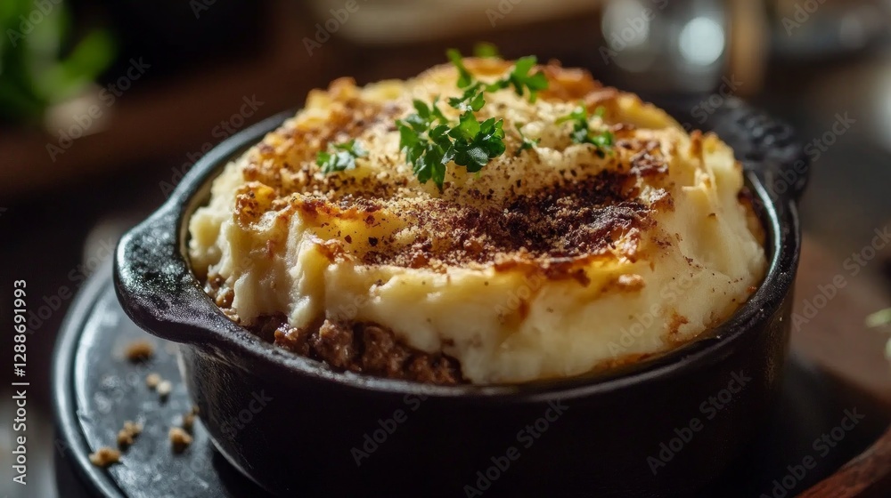 Comforting Shepherd's Pie with Golden Brown Topping in Cast Iron Dish Comforting Shepherd's Pie with Golden Brown Topping in Cast Iron Dish