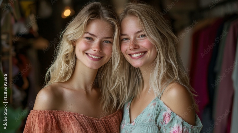 Radiant Sisters Smiling Charming Portrait Close Up Casual Summer Attire Harmony Blonde Beauty Radiant Sisters Smiling Charming Portrait Close Up Casual Summer Attire Harmony Blonde Beauty