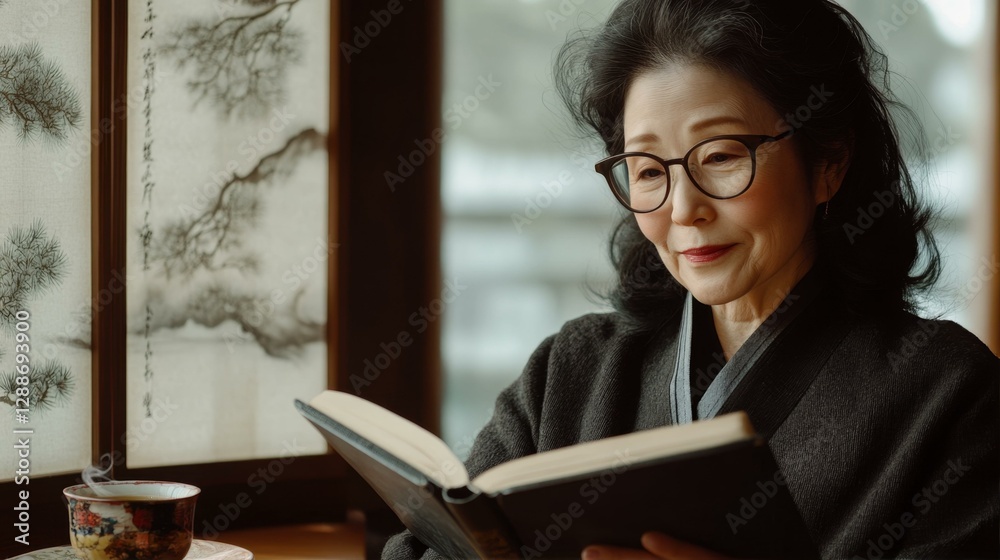Serene Elderly Woman Reads Book with Warm Tea Nearby in a Traditional Japanese Setting Serene Elderly Woman Reads Book with Warm Tea Nearby in a Traditional Japanese Setting