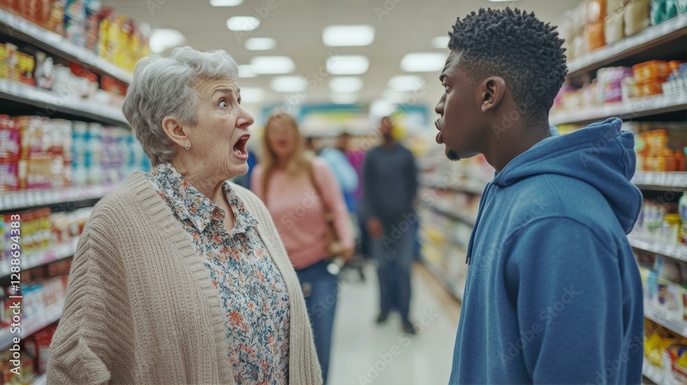 Fototapeta premium Shocked Senior Confronting Young Man in Supermarket Aisle Unexpected Interracial Encounter at Store