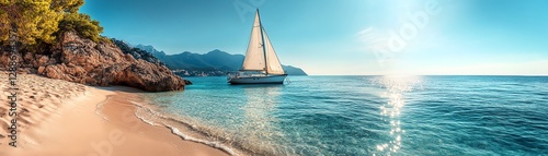 A classic white sailboat anchored near a remote beach, golden sand, crystalclear waters, gentle breeze rustling the sails, highresolution photorealistic shot, cinematic depth