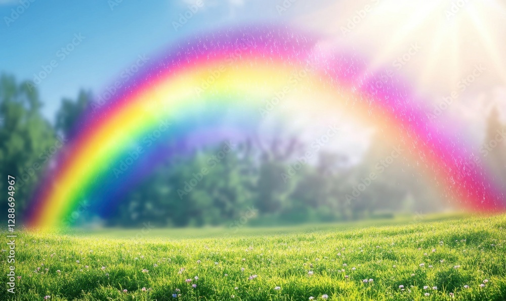 Naklejka premium Vibrant rainbow over lush green field with sunny sky