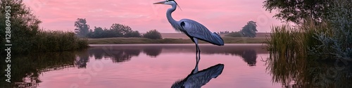 A majestic heron sculpture standing still in a tranquil river with its reflection mirrored perfectly on the water, under a soft pink evening sky