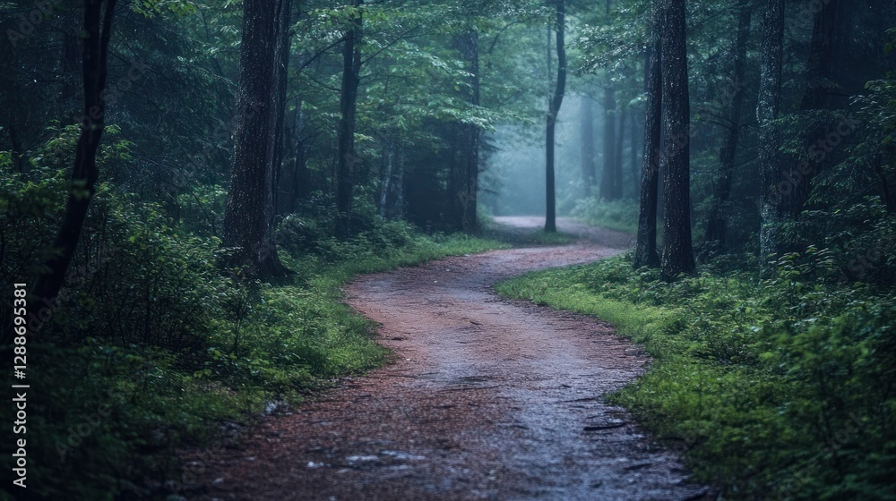 Peaceful Forest Path Illuminated by Soft Light, Surrounded by Lush Green Plants Peaceful Forest Path Illuminated by Soft Light, Surrounded by Lush Green Plants