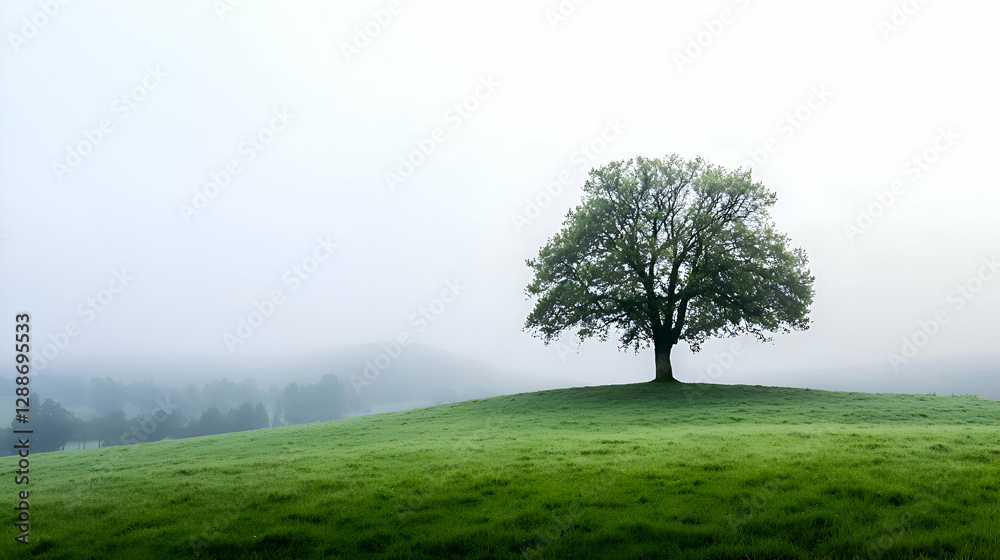Obraz premium Solitary Tree on a Foggy Green Hill