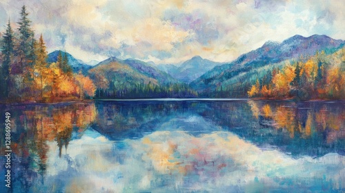 A beautiful fall scene featuring a calm lake, bright autumn leaves, and mountains in the distance