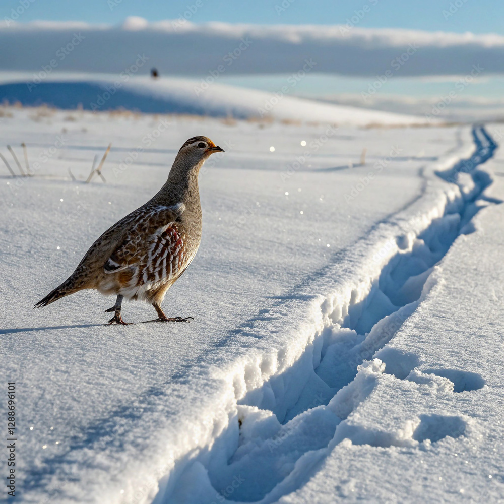 Obraz premium Bird on Winter Snow: Wildlife Footprints and Braving the Challenges of the Frosty Hunt Season 