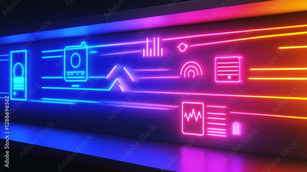Colorful neon graphics depicting technology-related icons on a dark background Colorful neon graphics depicting technology-related icons on a dark background