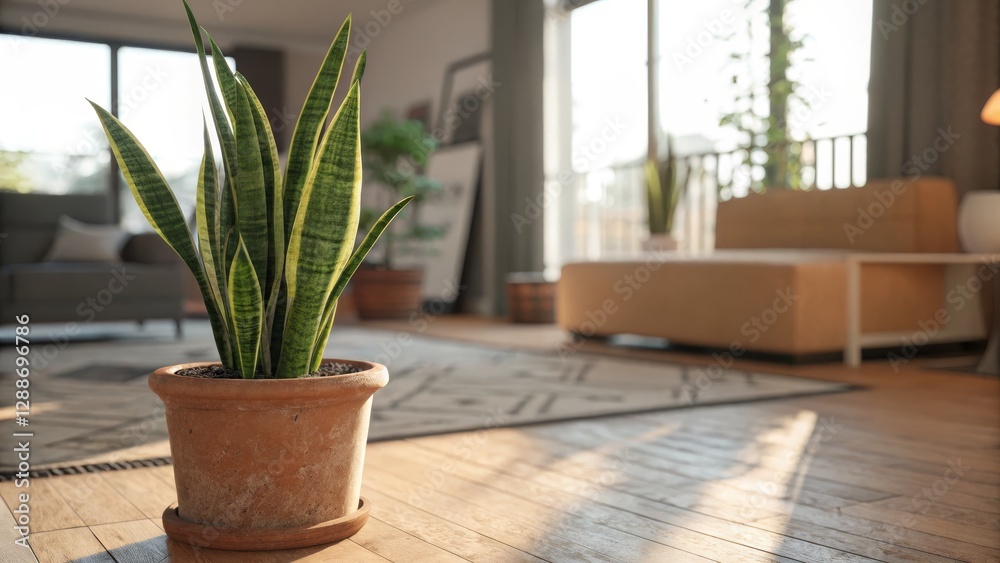 Fototapeta premium Sunlit Snake Plant in Modern Living Room, Depth of Field, Interior Design, Potted Plant, Home Decor Snake Plant, Interior Design
