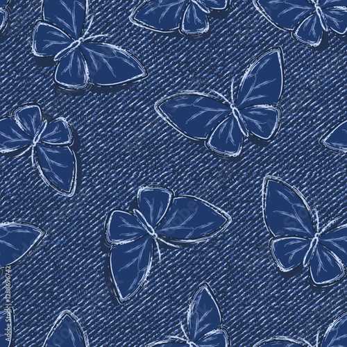 Seamless abstract denim pattern with flying butterflies with spread wings. Random composition. Grunge boho style. Dotted textured background.
