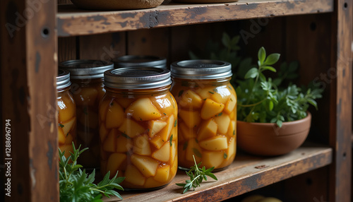 Shelves of preserved pickled fruits in glass jars