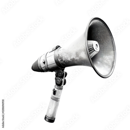 Silver and black megaphone on solid black background with no distractions for clear visual focus isolated on transparent background.
