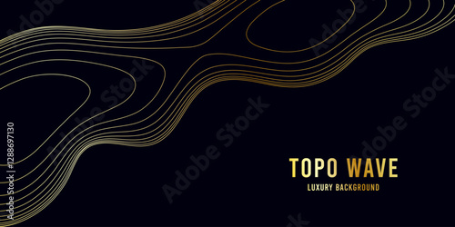 Wavy golden topographic background. Gold wave pattern with topographic contour lines. Abstract black background with topographical texture. Template for banners, poster and other design.