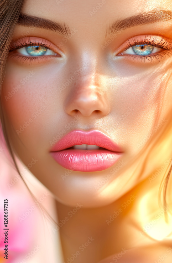 beautiful woman with brown hair and green eyes, close-up portrait, on a pink background, with shiny, light skin, glossy lips, high resolution, high detail, digital art, hyper-realistic, super detailed beautiful woman with brown hair and green eyes, close-up portrait, on a pink background, with shiny, light skin, glossy lips, high resolution, high detail, digital art, hyper-realistic, super detailed