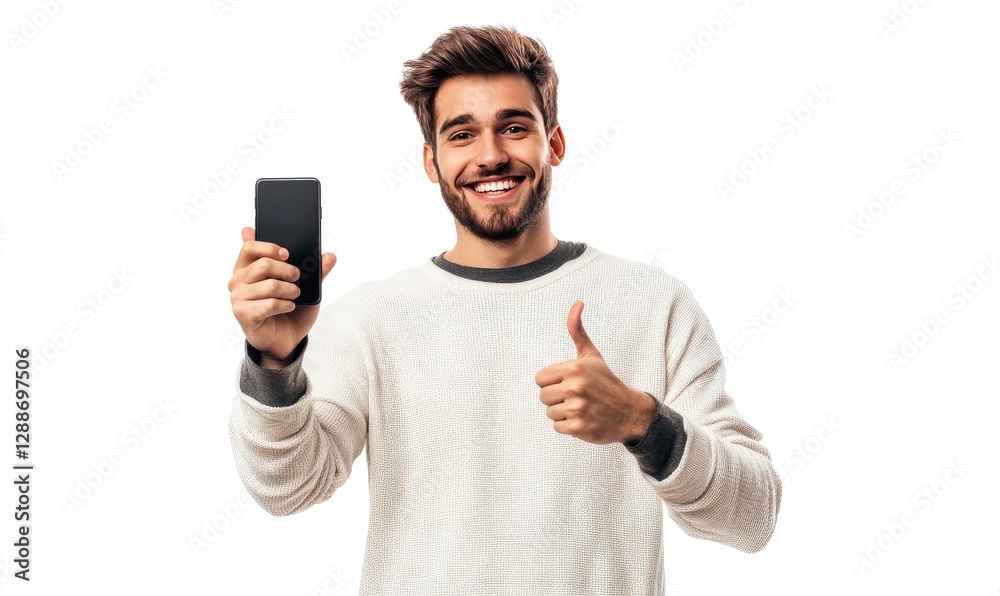 Man Showing Smartphone, Smiling, Thumbs Up, Studio Man Showing Smartphone, Smiling, Thumbs Up, Studio