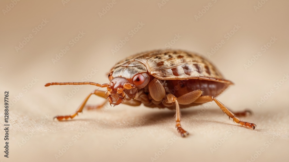 A close-up shot of a bed bug magnified through a handheld magnifying glass placed on a white A close-up shot of a bed bug magnified through a handheld magnifying glass placed on a white