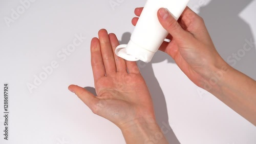 Female hands open white mockup tube of cream lotion and apply it on palm of her hand rubbing it on white isolated table background. Concept of skin nourishment and hydration, body care, beauty product