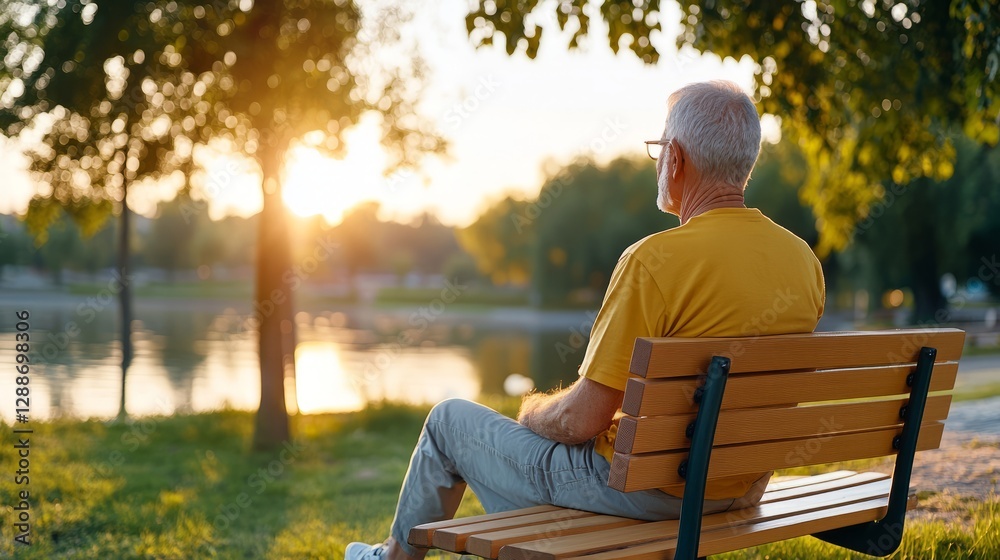 Serene elderly man enjoying a peaceful sunset view while sitting on a wooden bench in a tranquil park setting by a calm lake surrounded by trees Serene elderly man enjoying a peaceful sunset view while sitting on a wooden bench in a tranquil park setting by a calm lake surrounded by trees