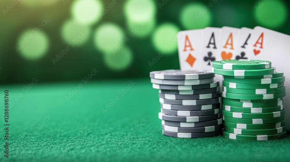 Fototapeta premium Vibrant poker scene featuring a winning hand of aces and stacks of chips against a blurred green background, perfect for casino enthusiasts.