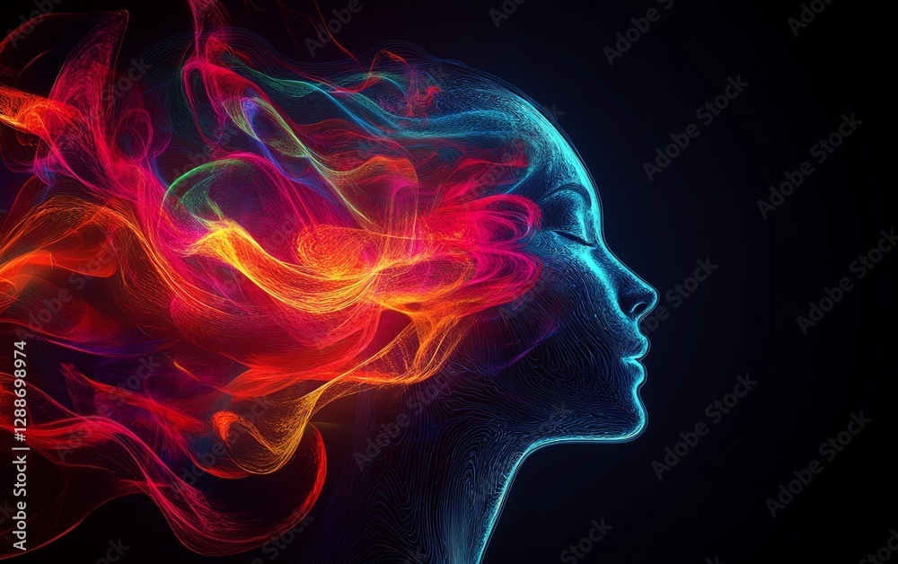 Silhouette of a person s head with a colorful abstract design swirling around, dark background, vivid neon hues, highdefinition contrast, dynamic lighting, ultrarealistic textures Silhouette of a person s head with a colorful abstract design swirling around, dark background, vivid neon hues, highdefinition contrast, dynamic lighting, ultrarealistic textures