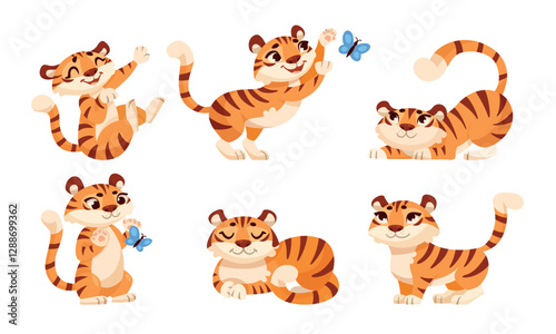 Cute Tiger Cub with Striped Orange Fur in Different Pose Vector Set