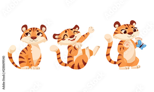 Cute Tiger Cub with Striped Orange Fur in Different Pose Vector Set