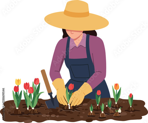 Gardener planting colorful flowers in detailed flat vector illustration