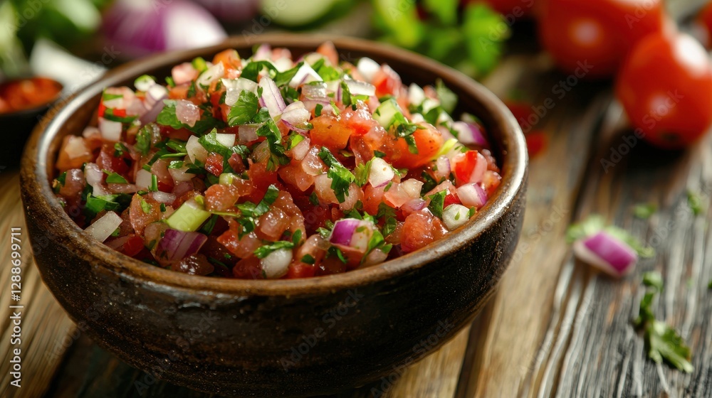 Fresh Tomato Salsa in Rustic Bowl on Wooden Table Background Fresh Tomato Salsa in Rustic Bowl on Wooden Table Background