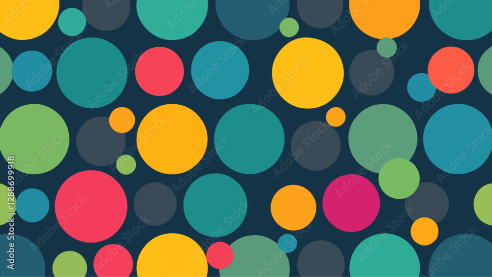 A pastel polka dot pattern of colorful circles forms an abstract, cheerful background.