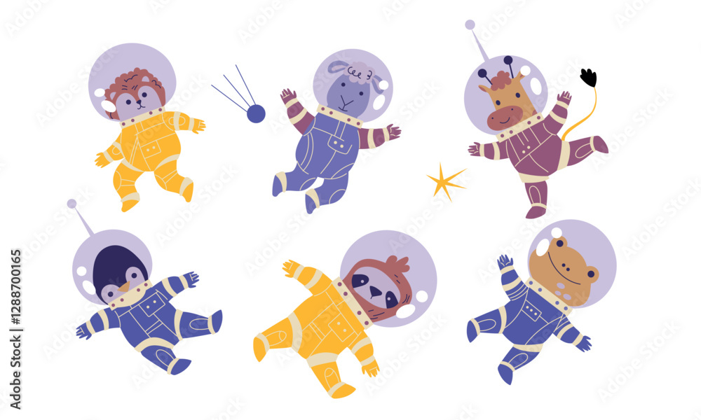 Naklejka premium Cute Animal Astronaut Characters in Space Suit Vector Set