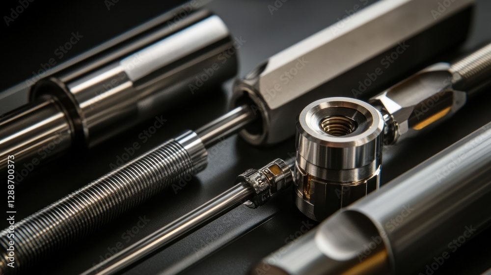 Close-Up of Stainless Steel Mechanical Components on Dark Background Close-Up of Stainless Steel Mechanical Components on Dark Background