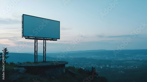 Blank Billboard on Hilltop Overlooking City at Dusk