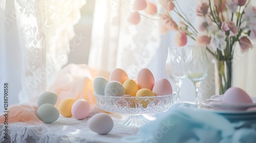 Easter table with pastel linens and decorated eggs, evoking a serene and festive morning ambiance.
