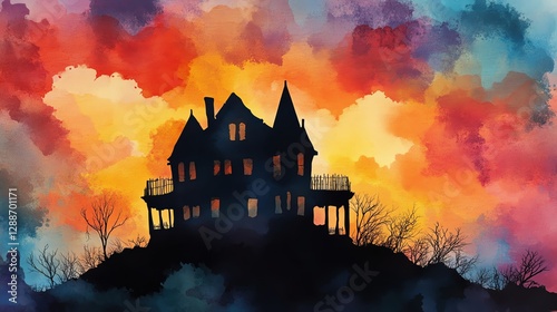 Dark moody watercolor themes. Dark moody watercolor themes. Mysterious haunted house silhouette at sunset.