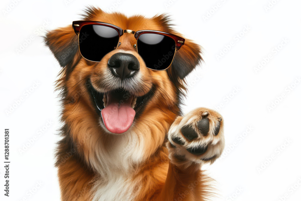Fototapeta premium Portrait of a funny dog with a big smile and sun glasses points with paw at copy space