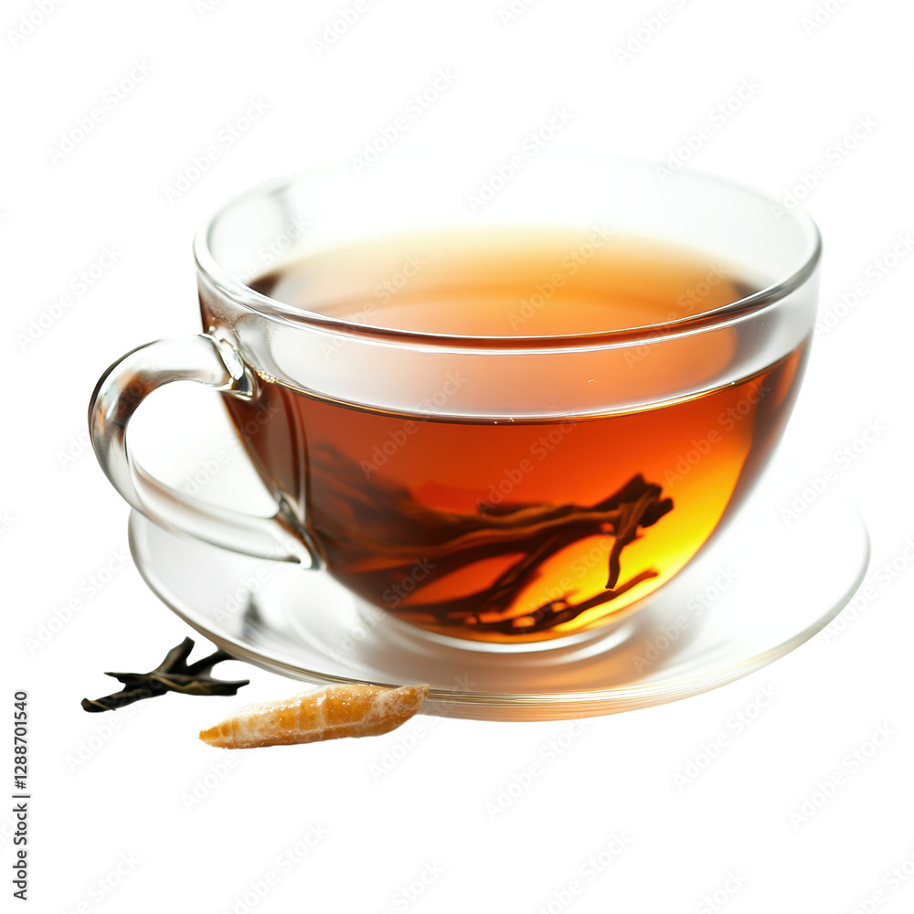 A cup of tea with a spoon placed beside it on a wooden table with a warm background isolated on transparent background. A cup of tea with a spoon placed beside it on a wooden table with a warm background isolated on transparent background.