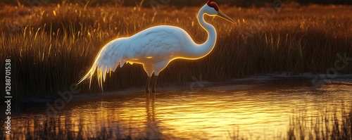 A serene crane sculpture standing in shallow water amidst a marsh, its long neck bent gracefully and its white feathers glowing under golden light