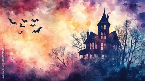 Dark moody watercolor themes. Dark moody watercolor themes. Haunted house at dusk with colorful sky.