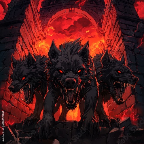 Three Headed Guardian Dogs of the Underworld Gate in a Dark and Fiery Inferno Dungeon Setting