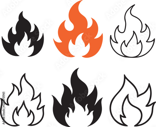 Fire flame vector icons. Flaming badge. Igniting border and lines.