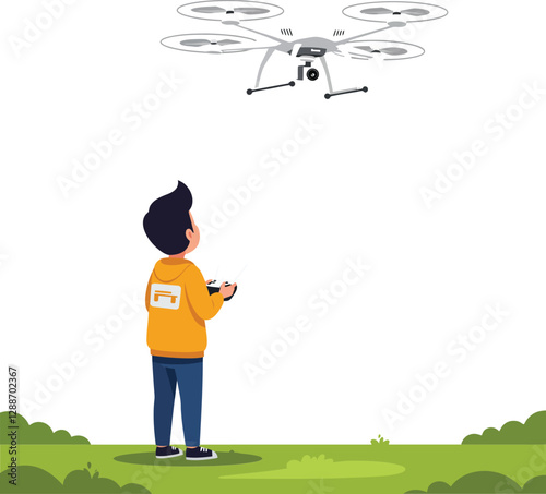 Boy operating a drone in a flat minimal vector illustration