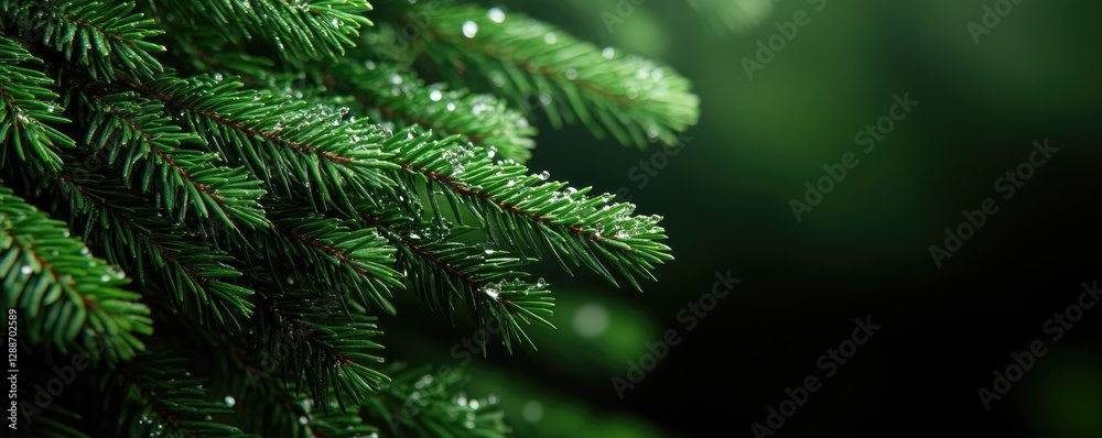 Dewy pine branch, forest background, nature Dewy pine branch, forest background, nature